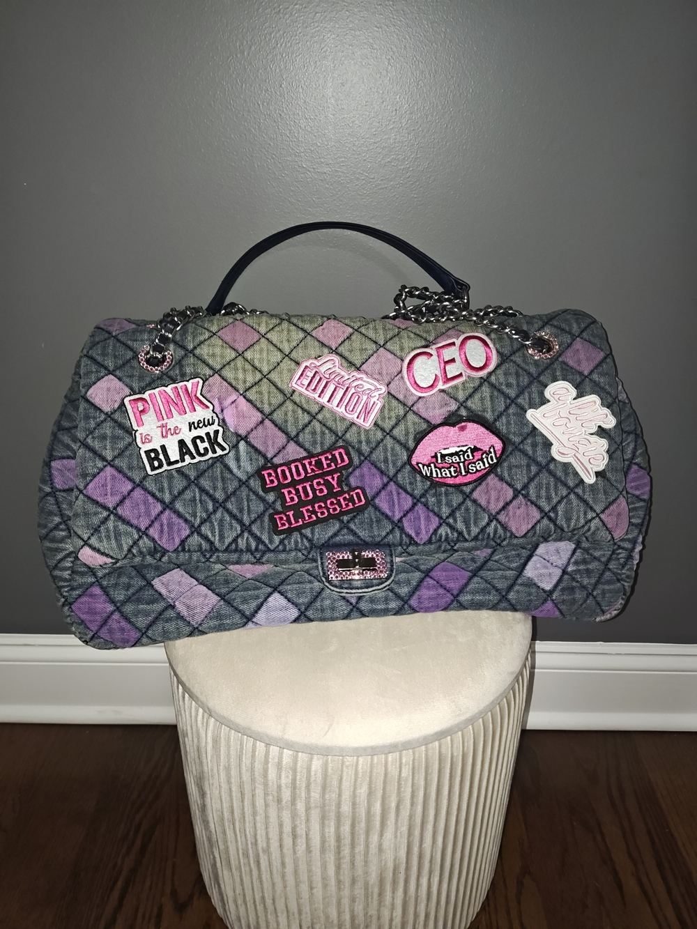 Quilted Patchwork Shoulder Bag in Purple and Gray